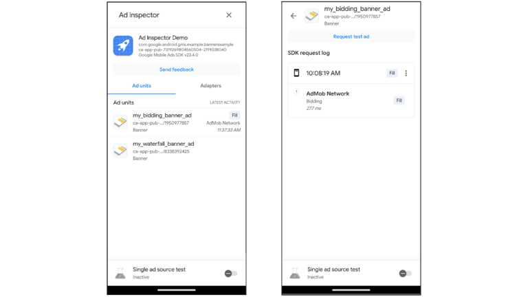 Two screenshots from a mobile app highlight the Ad Inspector Tool, designed for developers managing mobile ads. The first showcases ad units like "my_bidding_banner_ad" and "my_waterfall_banner_ad," while the second displays a request log with timestamps for "my_bidding_banner_ad".