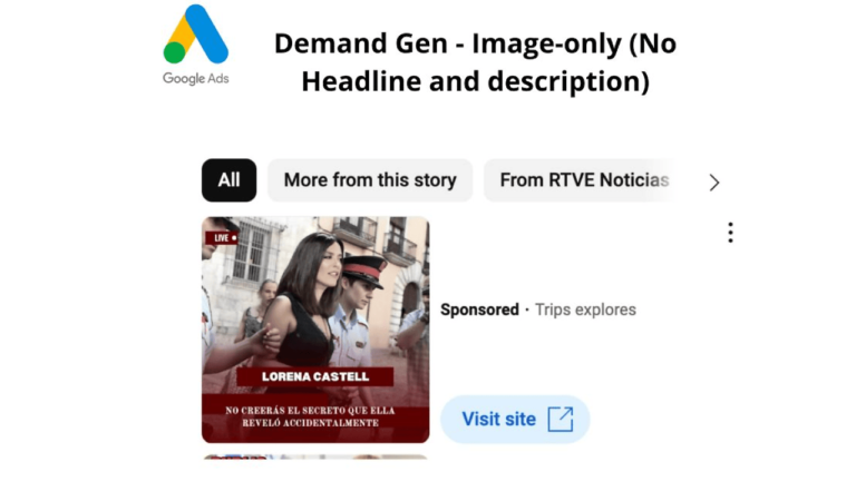 A Google Ads display spotlights a news story with a small image and uniformed individuals in the background. This Demand Gen Ad includes buttons labeled "More from this story" and "Visit site," along with tags for "Sponsored" and "From RTVE Noticias.