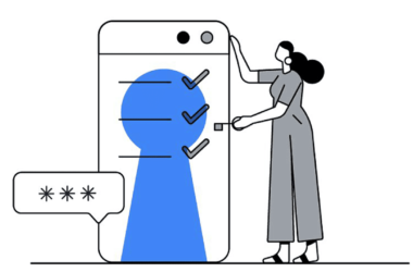 A person stands next to a giant smartphone screen displaying a keyhole shape and checkmarks. There is a speech bubble with stars, indicating a password. The illustration suggests themes of security and privacy.