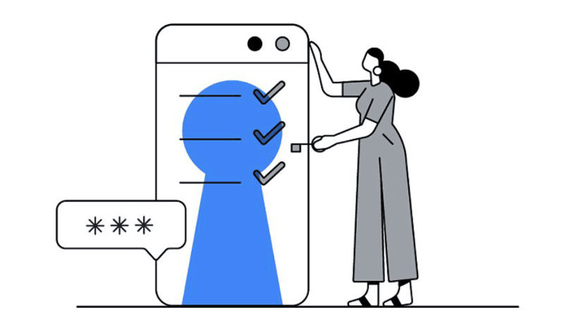 A person stands next to a giant smartphone screen displaying a keyhole shape and checkmarks. There is a speech bubble with stars, indicating a password. The illustration suggests themes of security and privacy.