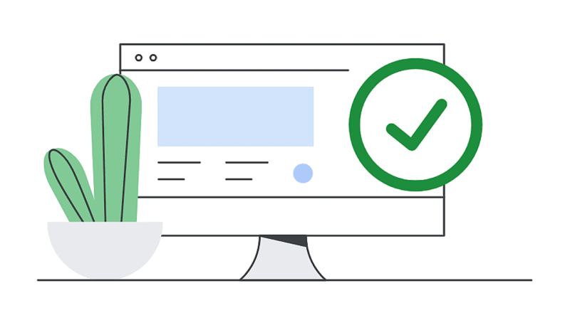 Illustration of a computer monitor displaying a webpage with a large green checkmark beside it. A potted cactus is positioned next to the monitor, adding a touch of greenery.