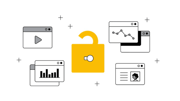 Illustration of a yellow open padlock surrounded by four browser windows. Each window displays different content, including a play button, graphs, and a profile picture. The image suggests information accessibility or data unlocking.