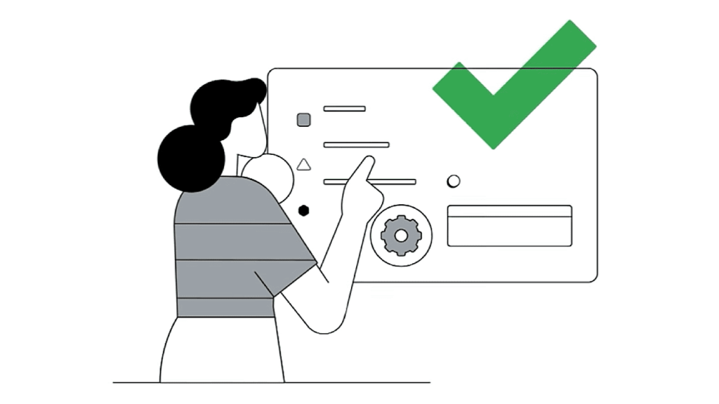 Illustration of a person pointing at a large screen displaying a green checkmark and various icons and text. The person has dark hair and is wearing a striped shirt. The checkmark suggests approval or successful completion.