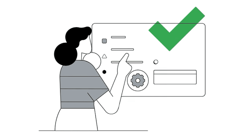 Illustration of a person pointing at a large screen displaying a green checkmark and various icons and text. The person has dark hair and is wearing a striped shirt. The checkmark suggests approval or successful completion.