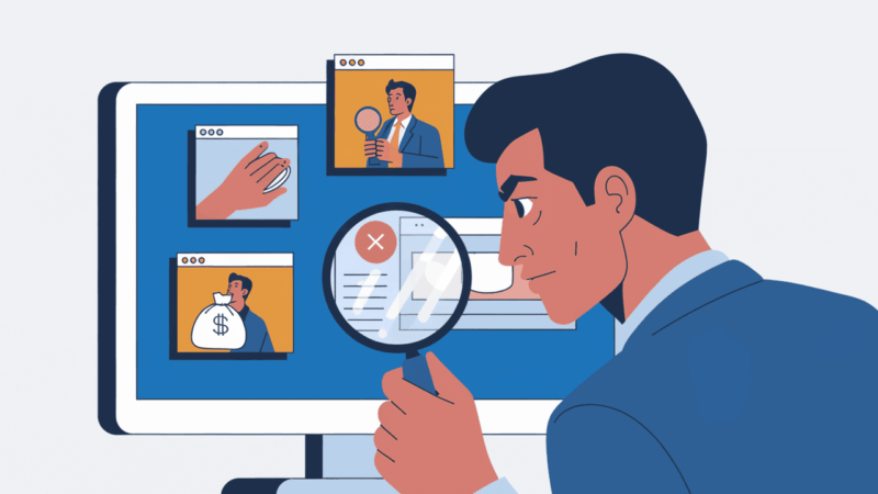 A person in a suit holds a magnifying glass, examining a computer screen with four windows: a hand on a mouse, a man making a call, a sack with a dollar sign, and strategies for detecting fake clicks in PPC advertising.