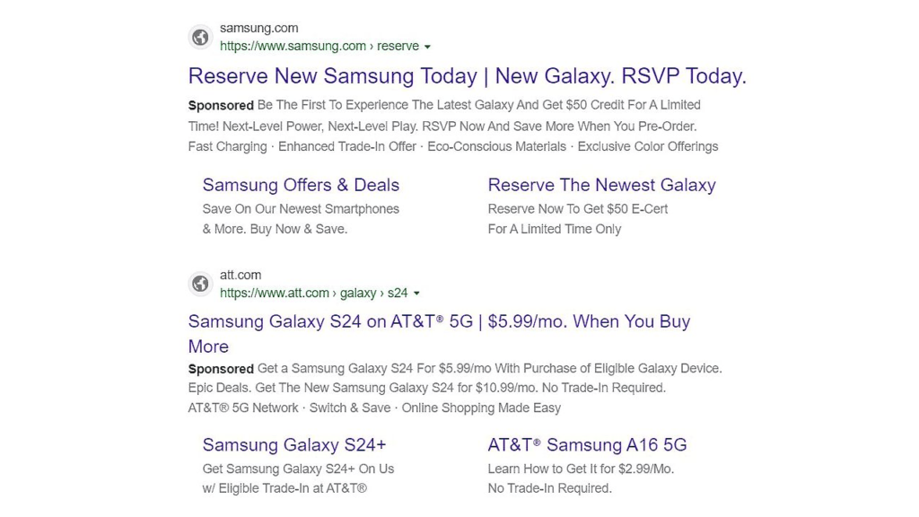Screenshot of Microsoft search results for reserving the new Samsung Galaxy. Includes links to Samsung and AT&T websites, highlighting offers and deals for the Galaxy S24, S24+, and A16 5G models with trade-in options, special credits, and sponsored labels.
