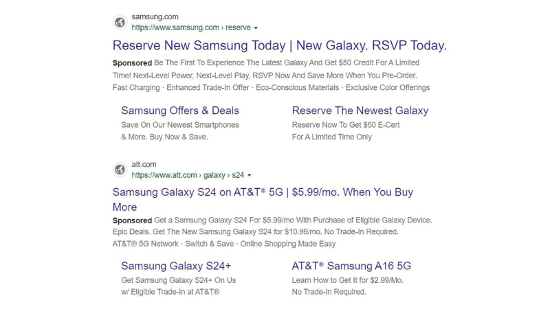 Screenshot of Microsoft search results for reserving the new Samsung Galaxy. Includes links to Samsung and AT&T websites, highlighting offers and deals for the Galaxy S24, S24+, and A16 5G models with trade-in options, special credits, and sponsored labels.