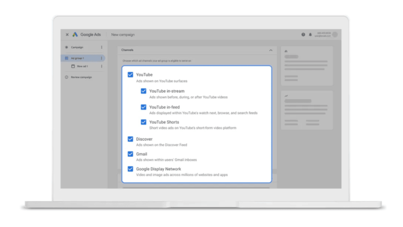 A laptop screen displaying Google Ads campaign settings. A pop-up window lists selected options: YouTube In-stream, YouTube Feed, YouTube Shorts, Discover, Gmail, and Google Display Network for ad placements.