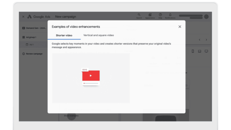 A computer screen showcasing the Google Ads interface highlights a pop-up titled "Examples of video enhancements," featuring tabs for "Shorter video" and "Vertical and square video." A play icon and a 0:05 timestamp appear on a video thumbnail, demonstrating Google's creative optimization tools in action.