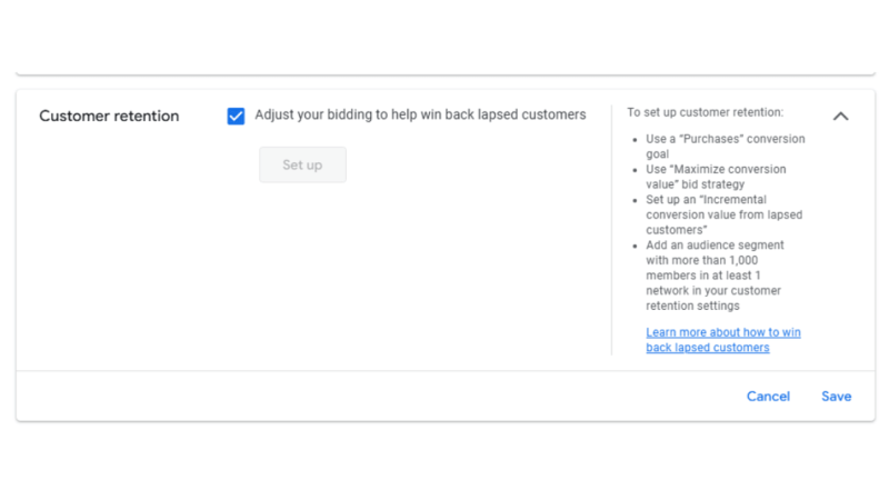 Screenshot of a customer retention settings page. A checkbox is labeled "Adjust your bidding to help win back lapsed customers." Instructions on the right guide setting up customer retention, including using conversion goals and bid strategies.
