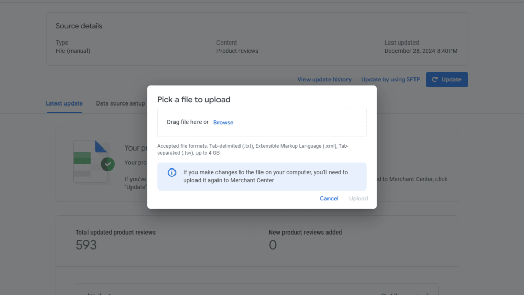 Screenshot of an updated file upload dialog box on a website. It invites feed uploaders to pick a file by dragging or browsing. Accepted formats include .txt and .xml, up to 4 GB. Re-upload after local changes. The background showcases some website activity stats.