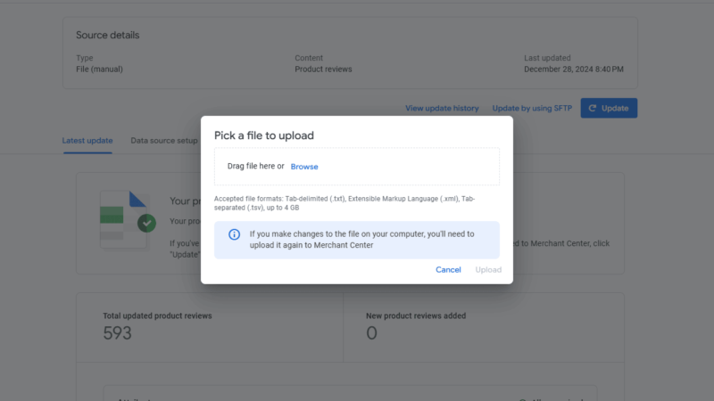 Screenshot of an updated file upload dialog box on a website. It invites feed uploaders to pick a file by dragging or browsing. Accepted formats include .txt and .xml, up to 4 GB. Re-upload after local changes. The background showcases some website activity stats.
