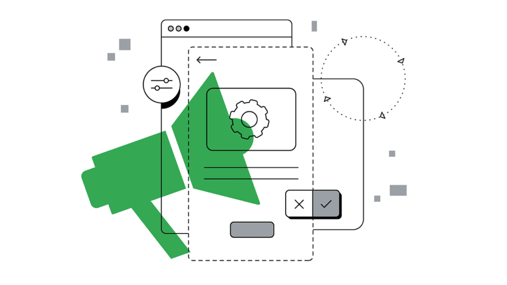 Abstract illustration featuring digital interfaces with a green megaphone, a gear icon, and web elements like tabs and buttons. The background includes geometric shapes and icons representing settings and navigation.