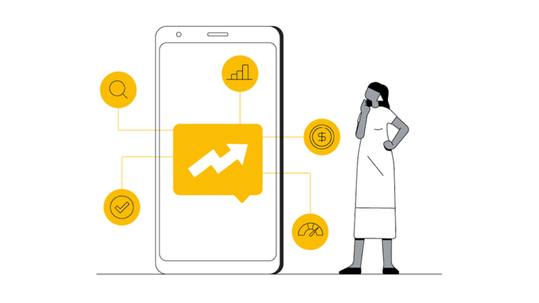 Illustration of a person pondering next to a large smartphone displaying a yellow chat bubble with an upward arrow. Surrounding the phone are icons representing analysis, growth, currency, and time management, all connected to the central chat bubble.