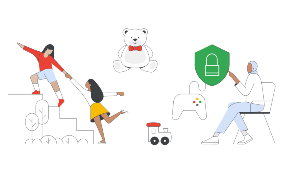 Illustration of two children playing, a white teddy bear, toy train, video game controller, and adult holding a shield with a padlock, symbolizing safety and supervision.