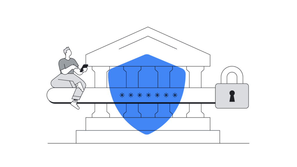 Illustration of a person sitting on a password bar with stars, holding a phone. Behind is a classical building with a large blue shield and a padlock, symbolizing cybersecurity in banking.
