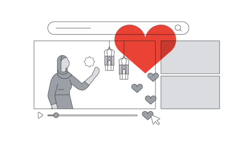 Illustration of a video interface featuring a person with a hijab talking. Decorative lanterns hang beside them. A large red heart and several smaller hearts float around, indicating likes or engagement. A cursor points at one heart.