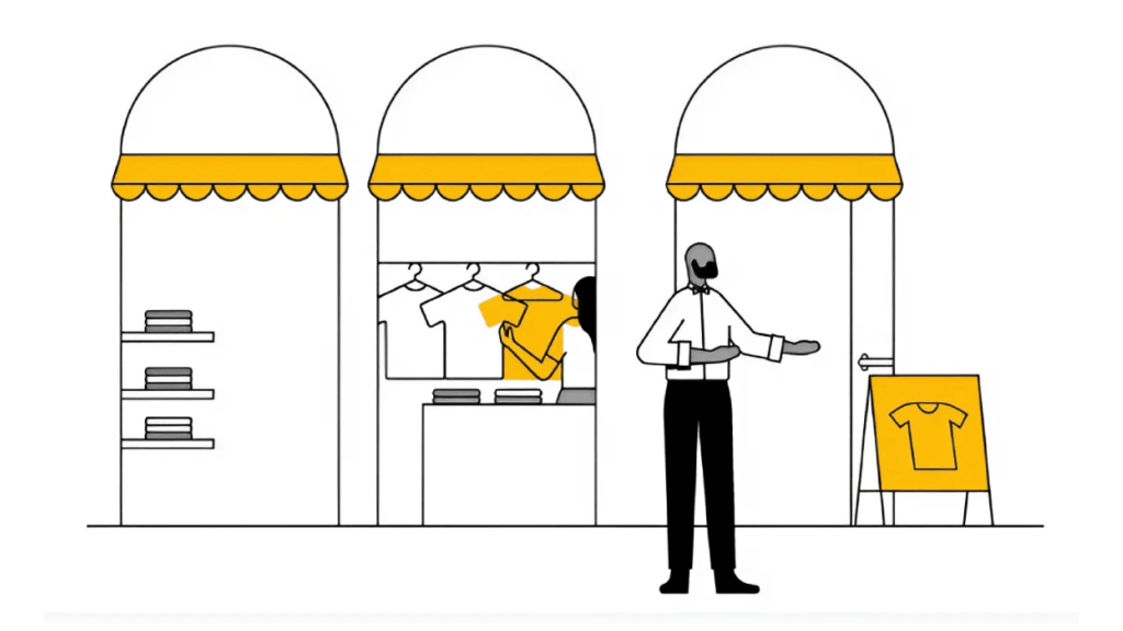 Illustration of a person standing near a clothing shop with yellow awnings. They gesture towards a t-shirt on display. Behind them, another person adjusts clothes on a rack. Yellow accents highlight the awnings and t-shirts.
