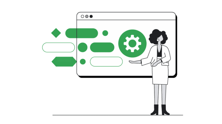 Illustration of a woman in a lab coat standing in front of a large screen displaying green shapes and a gear symbol. She points to the screen, suggesting a presentation or demonstration.