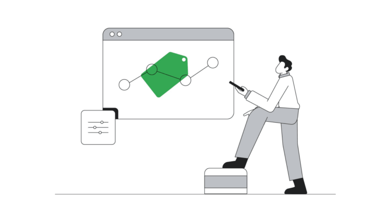 Illustration of a person analyzing a graph on a screen with a green label icon. The person stands on a step, holding a pointer. A small adjustment panel is visible on the side. The theme suggests data analysis or marketing analytics.
