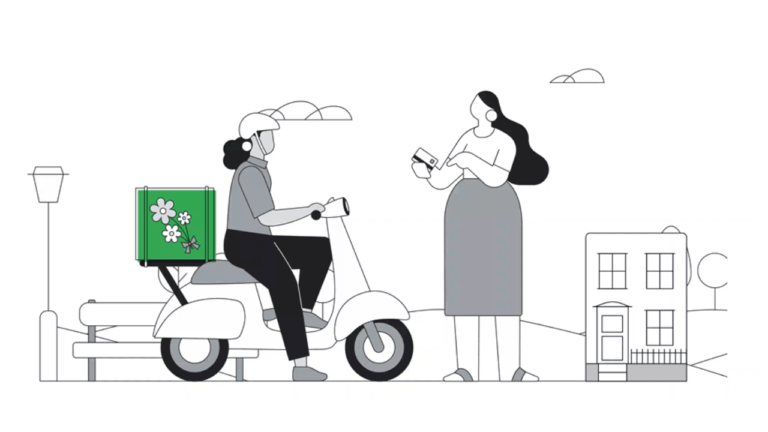 Illustration of a person on a scooter delivering a package to a person standing nearby, holding a phone. The scooter has a box with flowers on it. Buildings and trees are in the background.