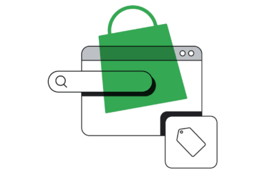 Abstract illustration showing a green shopping bag over a web browser window and search bar. A price tag icon appears in the bottom right corner. The design suggests online shopping and searching.