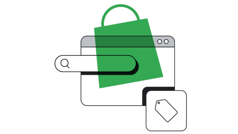 Abstract illustration showing a green shopping bag over a web browser window and search bar. A price tag icon appears in the bottom right corner. The design suggests online shopping and searching.