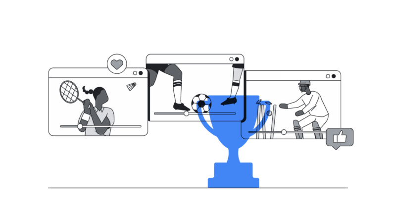 Illustration of three web page windows featuring sports: a person playing badminton, legs kicking a soccer ball, and a cricket player. A large blue trophy is centered beneath the windows, with like and heart icons nearby.