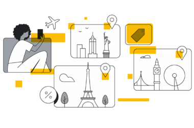 Illustration of a person on a phone with travel destinations: Statue of Liberty and Empire State Building, Eiffel Tower, and Big Ben with the London Eye. Includes icons of a plane, price tag, and percentage symbol.