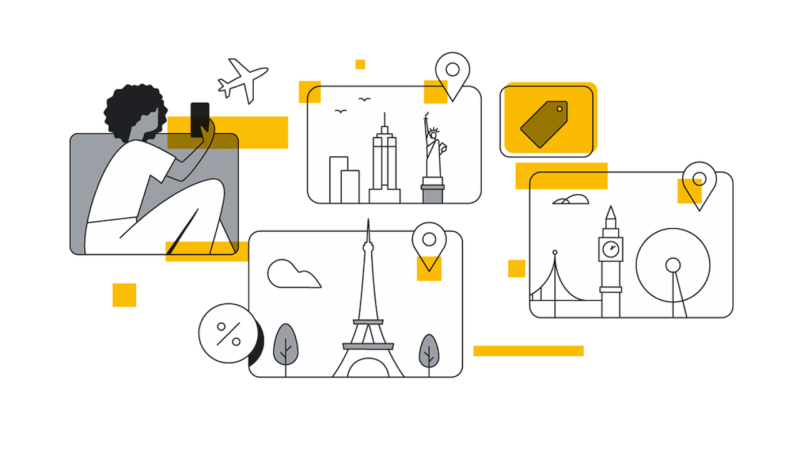 Illustration of a person on a phone with travel destinations: Statue of Liberty and Empire State Building, Eiffel Tower, and Big Ben with the London Eye. Includes icons of a plane, price tag, and percentage symbol.