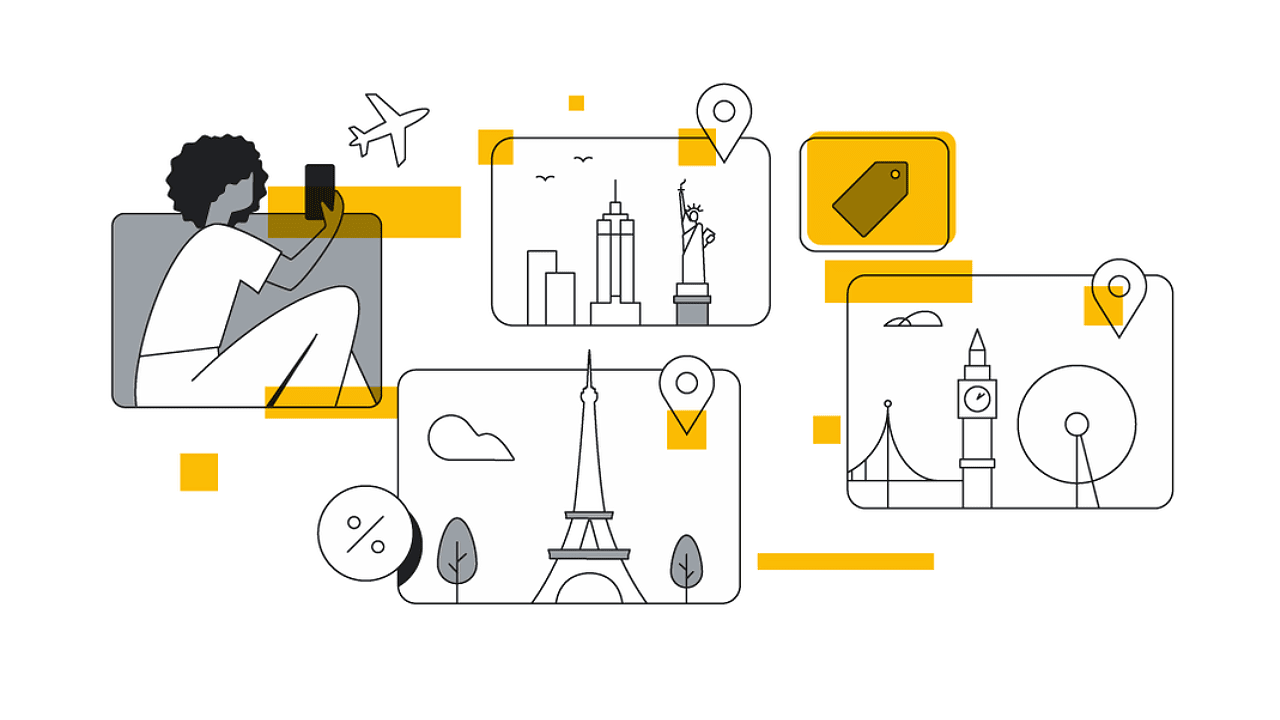 Illustration of a person on a phone with travel destinations: Statue of Liberty and Empire State Building, Eiffel Tower, and Big Ben with the London Eye. Includes icons of a plane, price tag, and percentage symbol.