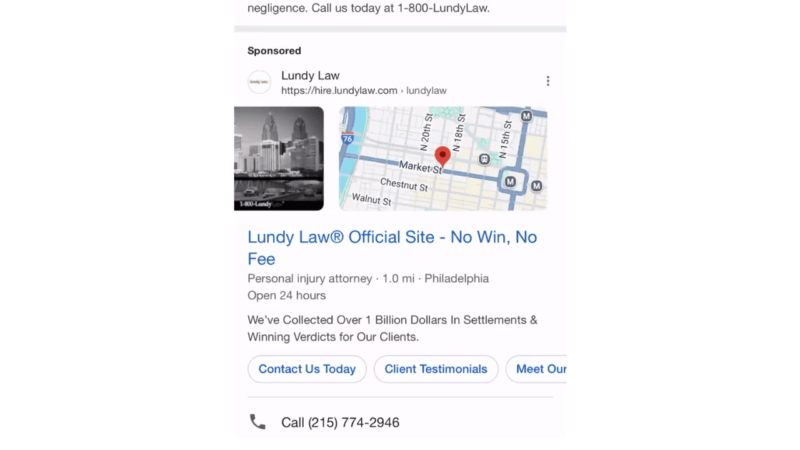 Screenshot of a mobile search result for Lundy Law, showcasing image assets like a black-and-white city skyline on the left and location assets such as a small map with a red pin. The law firm description includes options to contact or view testimonials.