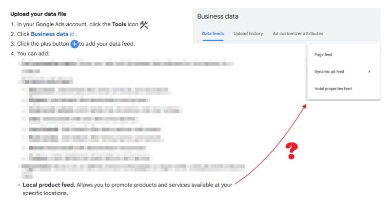 Screenshot of a Google Ads help page showing UI instructions to upload a data file. Steps include clicking Tools, selecting Business data, and adding data feed. The menu offers options like Page feed, with a note emphasizing the importance of local product feeds.