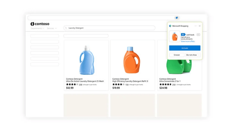 Explore our online store's laundry detergent section, featuring vibrant bottles in blue, orange, and green priced at $12.99, $19.99, and $24.98. Enjoy a popup offering cash back with each purchase. Experience exclusive deals through our sponsored promotions brands for added savings!.