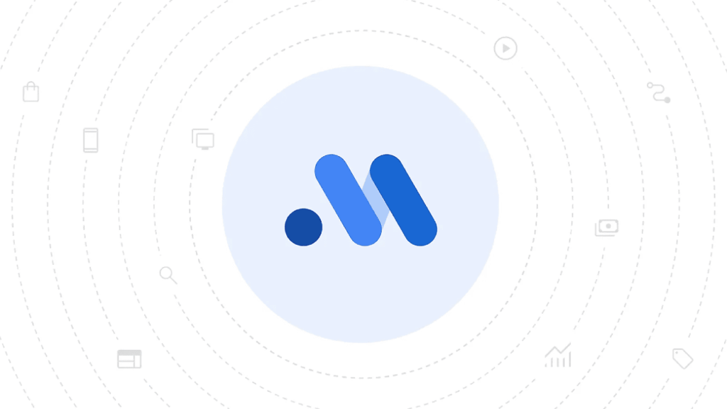 A blue stylized "M" logo with a dot rests on a light blue circular background. Surrounding the circle are faint icons of a phone, camera, graph, play symbol, magnifying glass, and monitor connected by dotted lines—a design inspired by Google's Meridian for smarter marketing measurement.