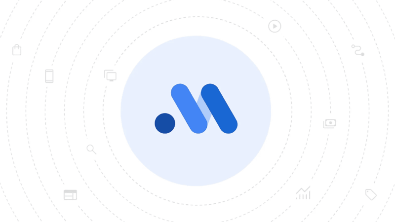 A blue stylized "M" logo with a dot rests on a light blue circular background. Surrounding the circle are faint icons of a phone, camera, graph, play symbol, magnifying glass, and monitor connected by dotted lines—a design inspired by Google's Meridian for smarter marketing measurement.