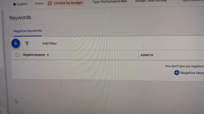 A screenshot of a keyword management interface reveals a "Limited by budget" notification. The screen features an area to add a filter and highlights the section for negative keywords, which are crucial for optimizing Performance Max campaigns, though none are listed yet.