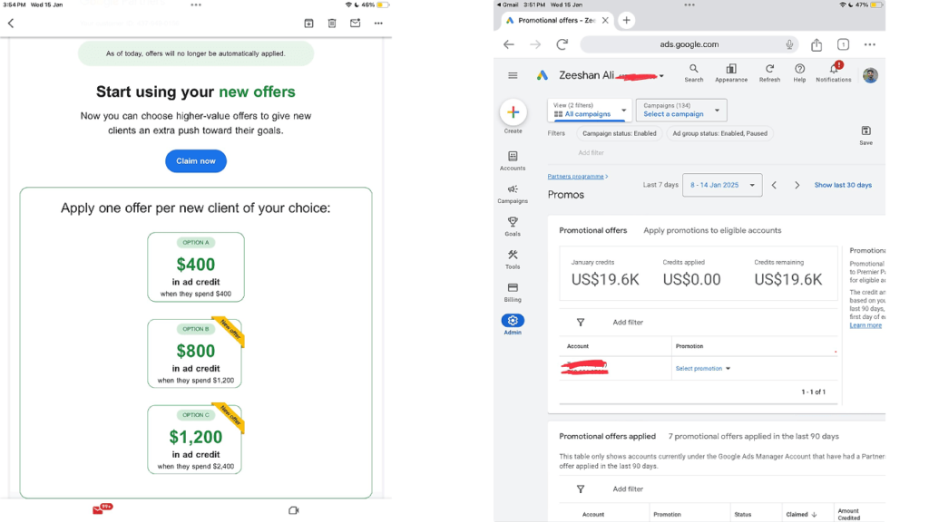 Left side: A table showcasing Google Ads promotion offers, like $400 ad credit for $400 spend. Right side: The sleek Google Ads interface displays these promotional offers and billing details, seamlessly integrating into the Google Partners dashboard.