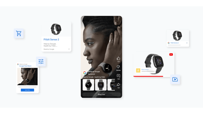 Collage featuring smartwatches, including Fitbit Sense 2 and Pixel Watch. Center image shows side profile of a person wearing a smartwatch. Smaller images around display watch features, including shopping and fitness app icons, perfect for your next Demand Gen campaign.