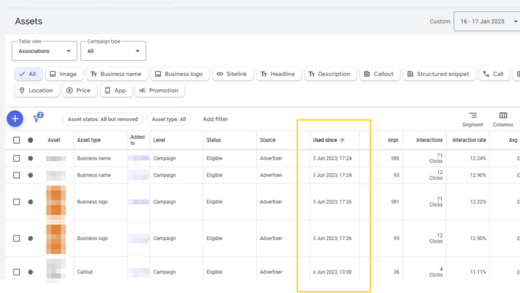 A screenshot of an asset management dashboard showing a table with columns for Asset, Asset type, Level, Status, Source, Used since, Imp, Interactions, and Segment. Some data is blurred, and the "Used since" column is highlighted in yellow.