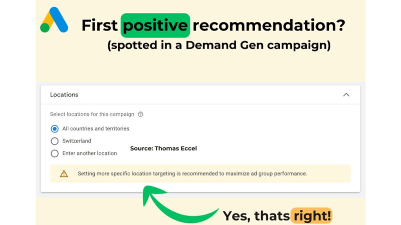 Screenshot of a campaign settings panel in Google Ads showing location options with "All countries and territories" selected. A positive recommendation to use specific location targeting for better ad performance is highlighted, along with SEO keywords for emphasis using arrows and highlights.