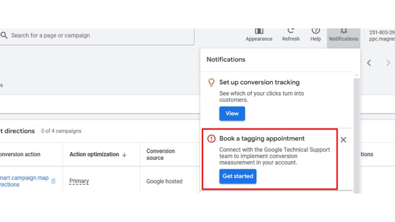 Screenshot of a Google Ads interface displaying notifications. One notification suggests setting up conversion tracking, featuring a "View" button. Another prompts you to book a tagging appointment with a convenient "Get started" button.