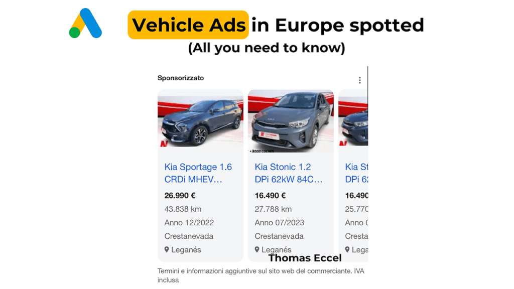 Screenshot showcasing Google Vehicle Ads in Europe. Three Kia car models are featured: Kia Sportage 1.6 CRDI, Kia Stonic 1.2 DPI, and another Kia Stonic, with prices and brief descriptions for each. Text at the top reads "Vehicle Ads spotted in Spain".