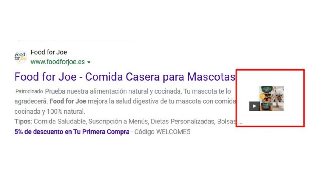 A screenshot of a Google advertisement for "Food for Joe," a home-cooked pet food service. The ad mentions discounts and subscription options. On the right, there is a small preview image with a play button, implying a video link.