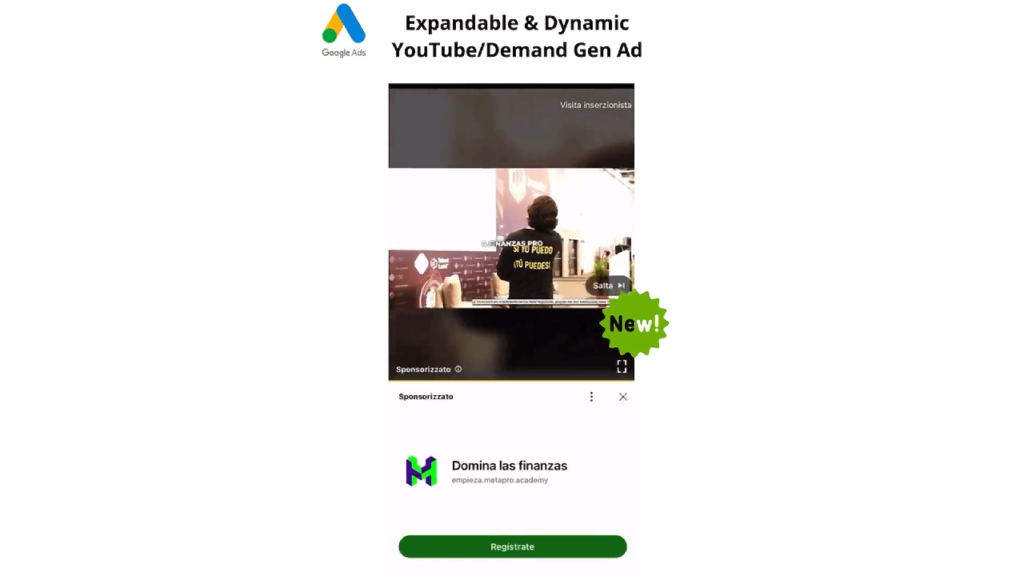 Check out this YouTube Demand Gen ad from Google Ads! Watch a captivating video of someone with "FINANZAS" on their back, discover the "New!" features, and click the green "Regístrate" button under the "Domina las finanzas" logo. Perfect for mobile users ready to take control!.