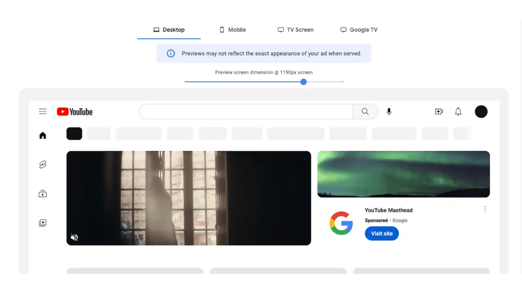A YouTube interface preview showcases layout options for Desktop, Mobile, TV Screen, and Google TV. The screen dimension slider is set to 1190px, displaying a sample ad with the Google logo labeled "YouTube Masthead - Sponsored," highlighting how brands utilize the CPH Masthead for promotion.