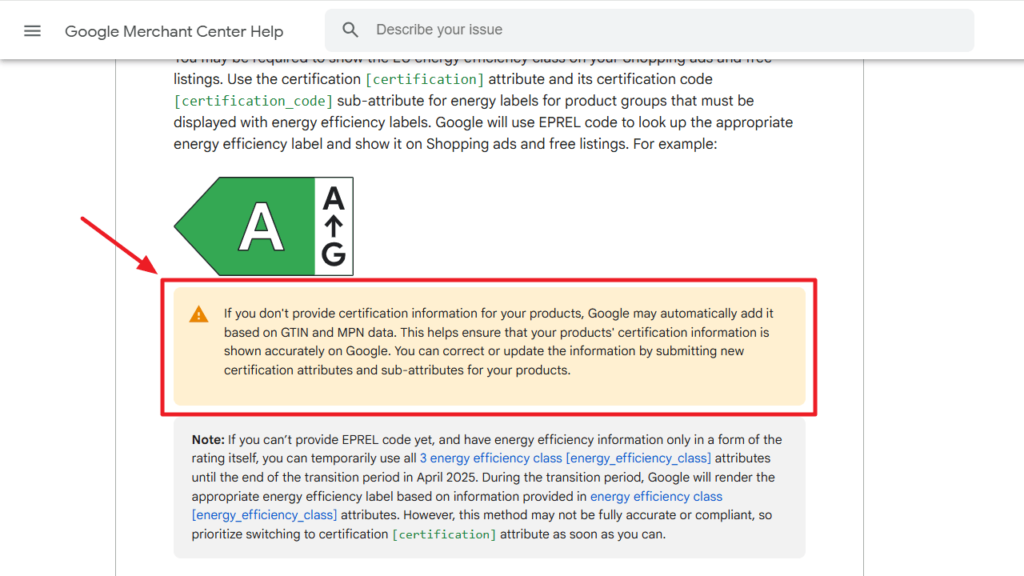 Screenshot of Google Merchant Center Help page. A red arrow points to a warning box with a yellow triangle icon. The text explains Google's use of GTIN and MPN data for product certification if not provided by the user.