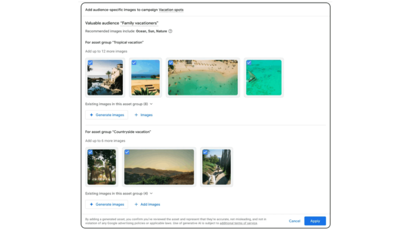 Screenshot of an image selection interface powered by AI for a vacation campaign. It features sections like "Family vacations" with themes such as Ocean and Nature, alongside "Countryside vacation," each displaying thumbnail previews of suggested images for Google Ads.