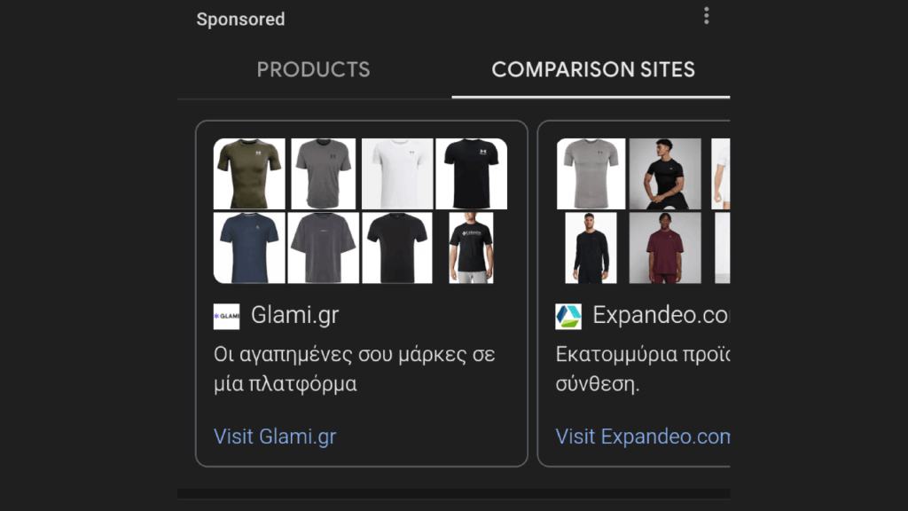 A comparison of two clothing websites: Glami.gr, featuring a grid of various men's t-shirts in different colors, and Expandeo.co, showcasing different men's outfits, including t-shirts and a red long-sleeve shirt. Text in Greek describes each site.