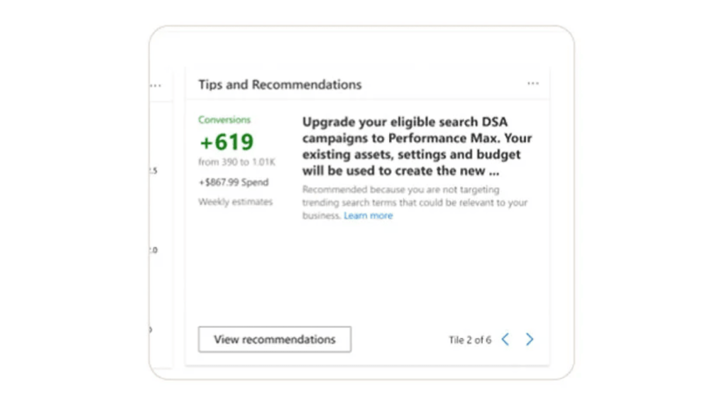 Screenshot of a digital ad suggestion panel showing a recommendation to upgrade DSA campaigns to Performance Max, estimating a conversion increase of +619. It notes budget, assets, and settings will be used to create the new structure.
